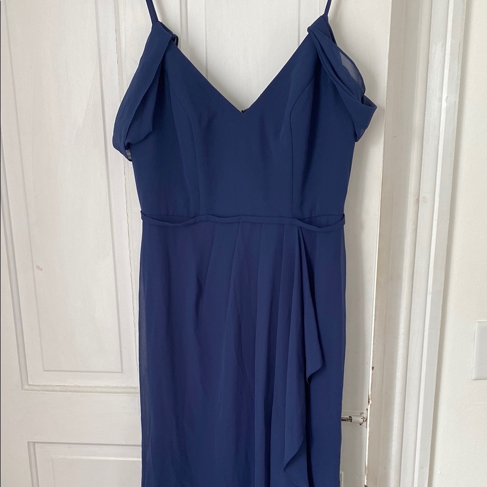 Navy Chiffon Off the Shoulder Dress